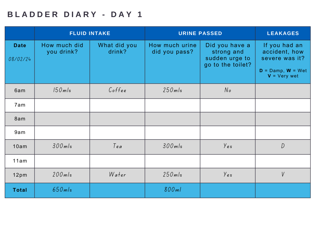 An example of a filled in Bladder Record Chart